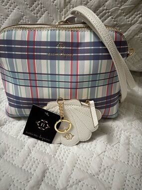 NWT🌺 $15 SALE Nanette Lepore Ivory Plaid Crossbody Bag & zipper cash key chain
